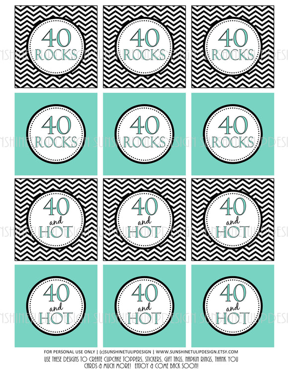 Printable 40th Birthday Cupcake Toppers, Sticker Labels & Party Favor Tags - Sunshinetulipdesign