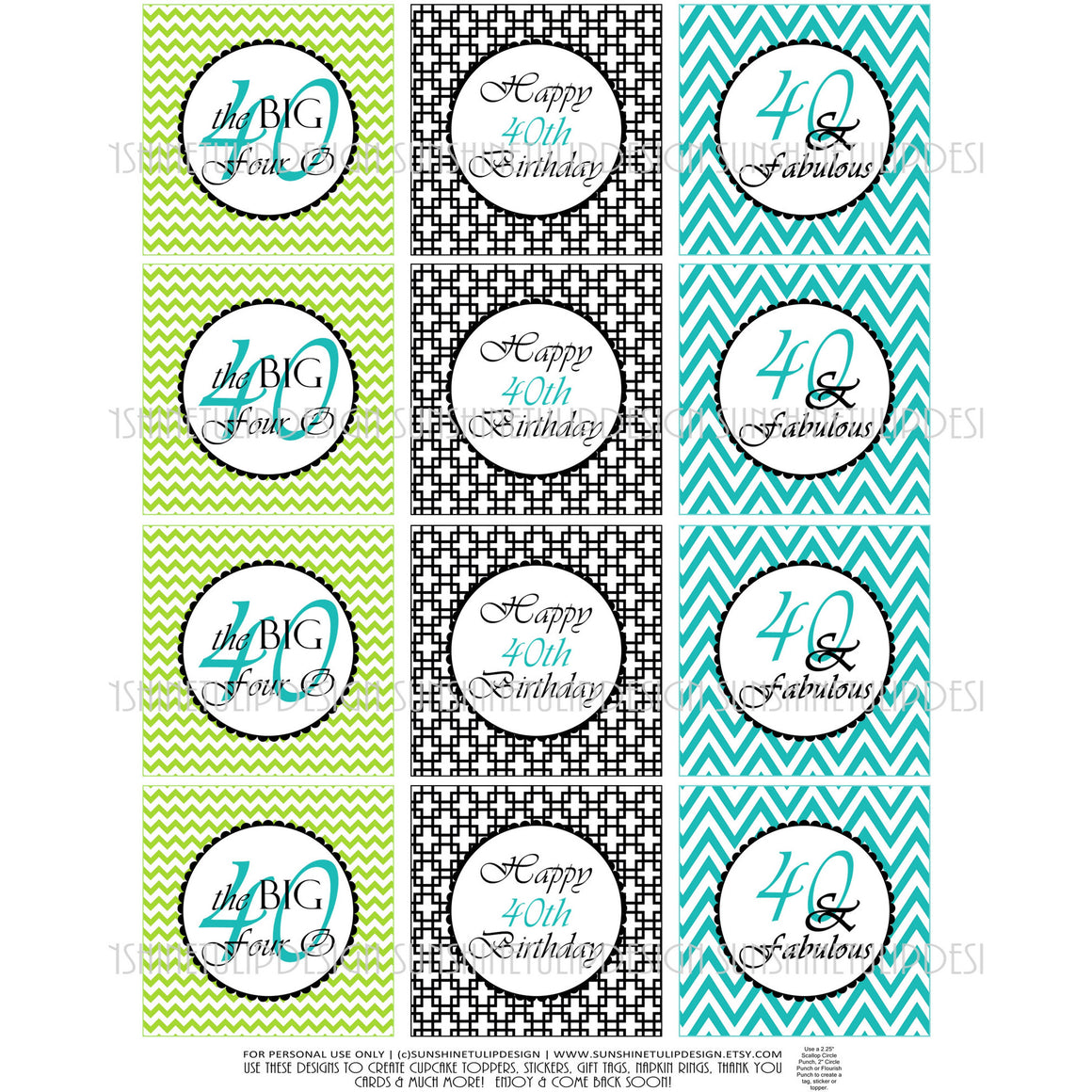Printable 40th Birthday Cupcake Toppers, Sticker Labels & Party Favor Tags - Sunshinetulipdesign