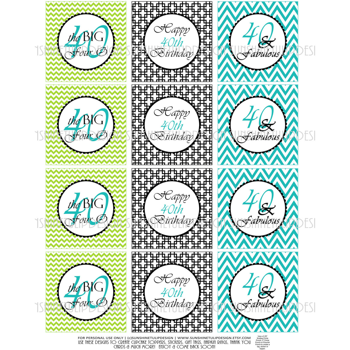 Printable 40th Birthday Cupcake Toppers, Sticker Labels & Party Favor Tags - Sunshinetulipdesign