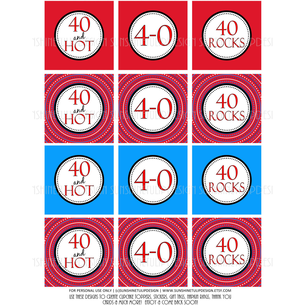 Printable 40th Birthday Cupcake Toppers, Sticker Labels & Party Favor Tags - Sunshinetulipdesign