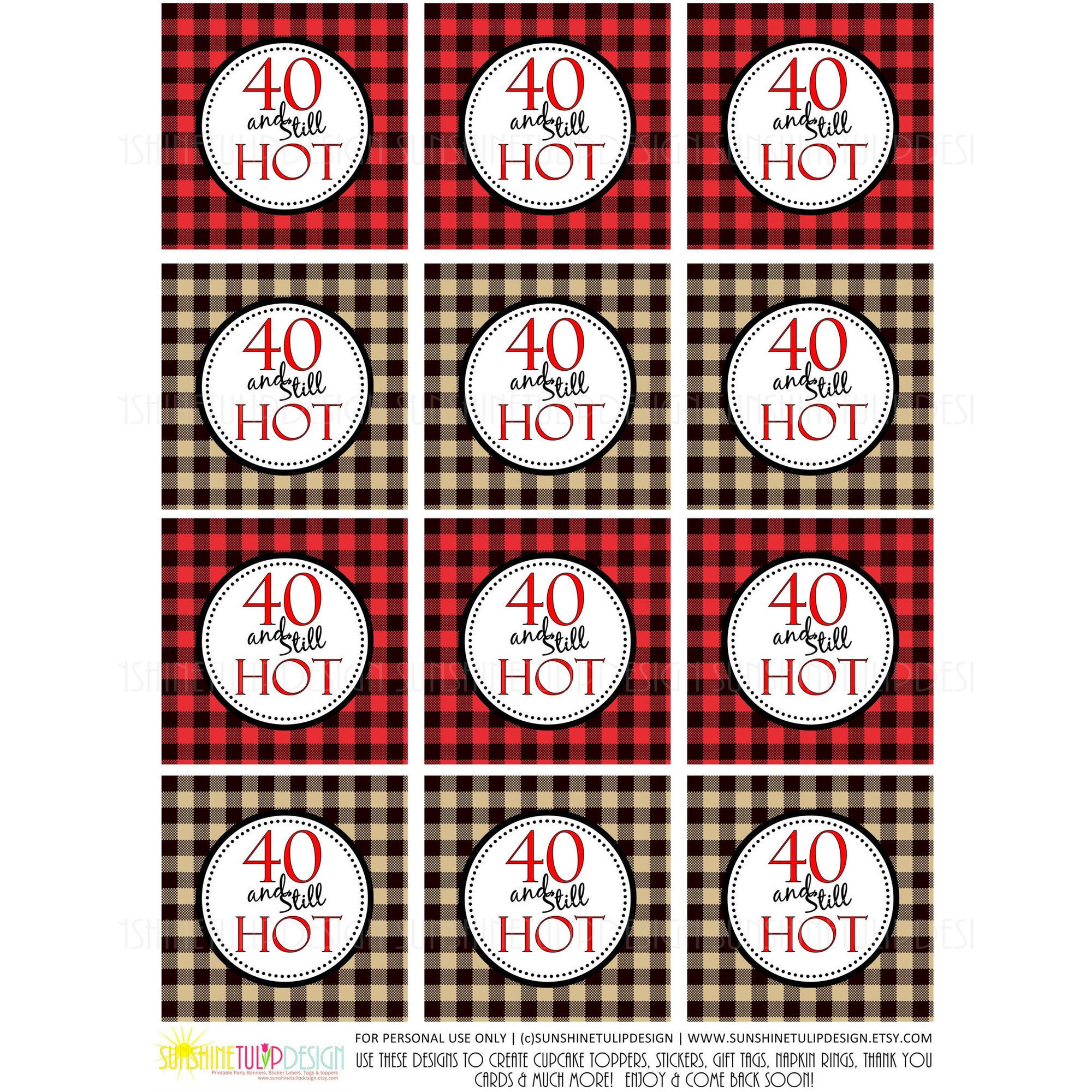 Printable 40th Buffalo Plaid Birthday, 40 and Still Hot Cupcake Toppers, & Party Favor Tags by SUNSHINETULIPDESIGN - Sunshinetulipdesign - 2