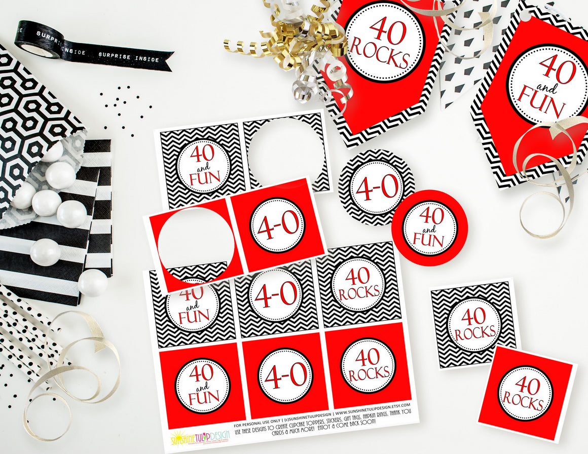 Printable 40th Birthday Cupcake Toppers, 40 and Fun Toppers, 40 Rocks Gift Tags by SUNSHINETULIPDESIGN