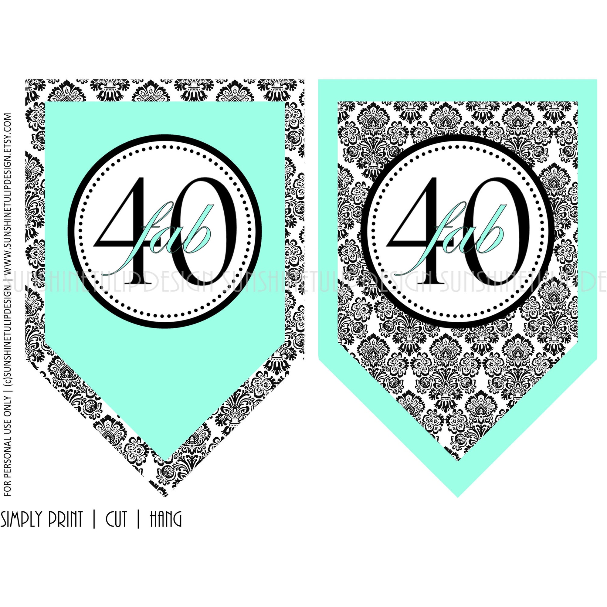 40th Design Printable 40th Birthday Aqua & Black Damask Banner - Sunshinetulipdesign