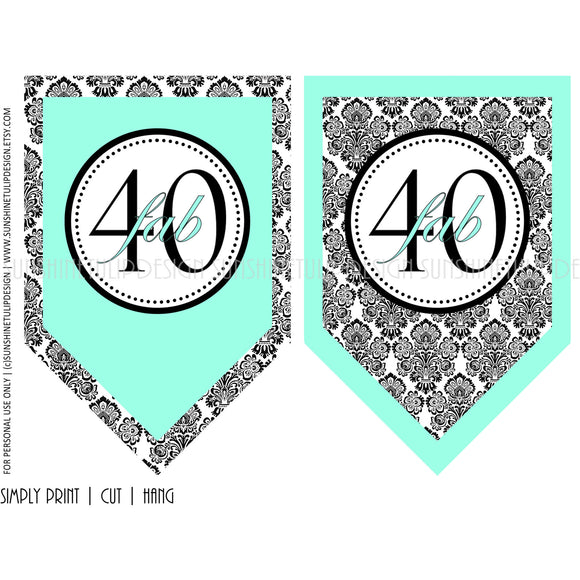 Printable 40th Birthday Aqua & Black Damask Banner - Sunshinetulipdesign - 1