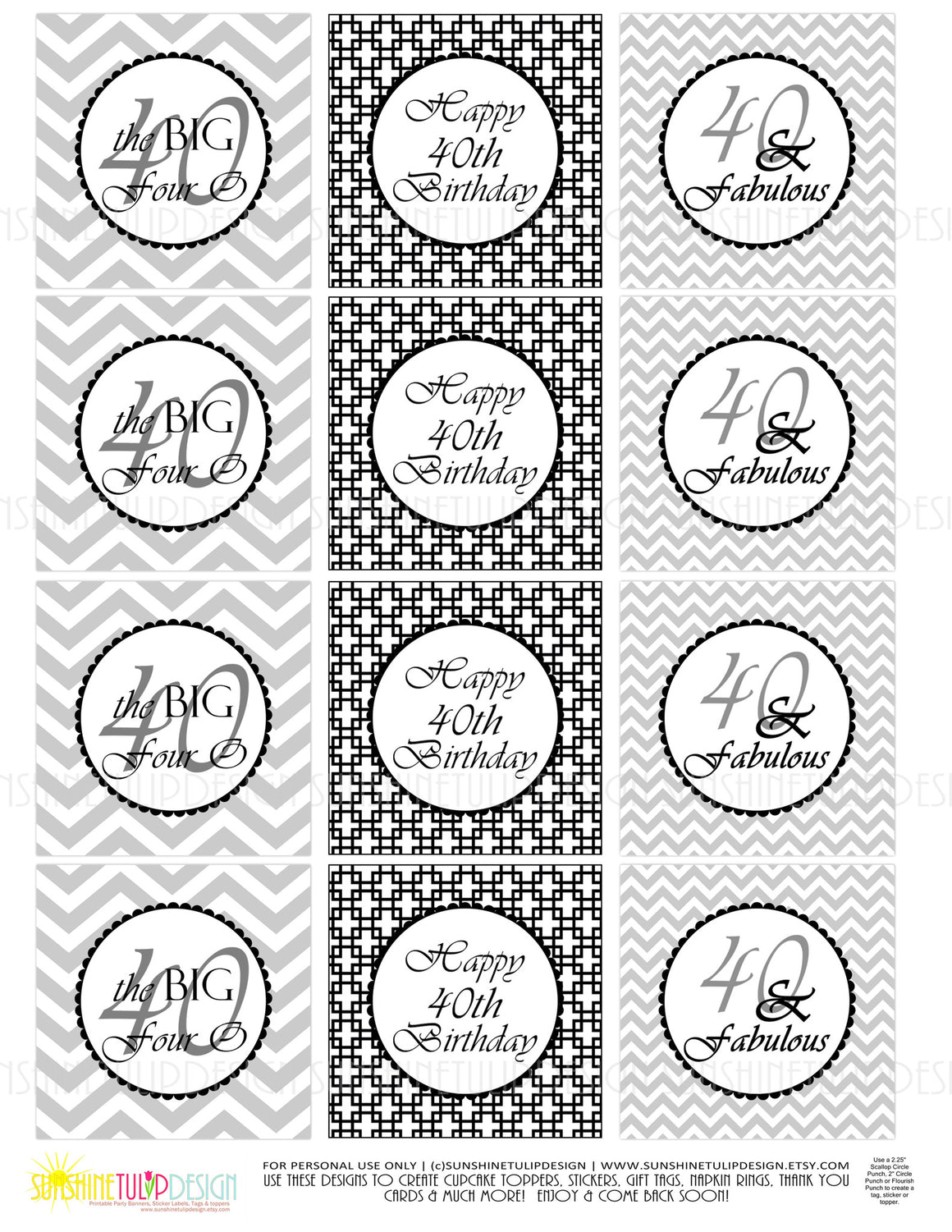 Printable 40th Birthday Black & Gray Birthday Cupcake Toppers, Sticker Labels & Party Favor Tags - Sunshinetulipdesign