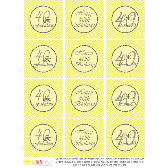 Printable 40 and Fabulous Yellow & Gray Birthday Cupcake Toppers, Sticker Labels & Party Favor Tags - Sunshinetulipdesign