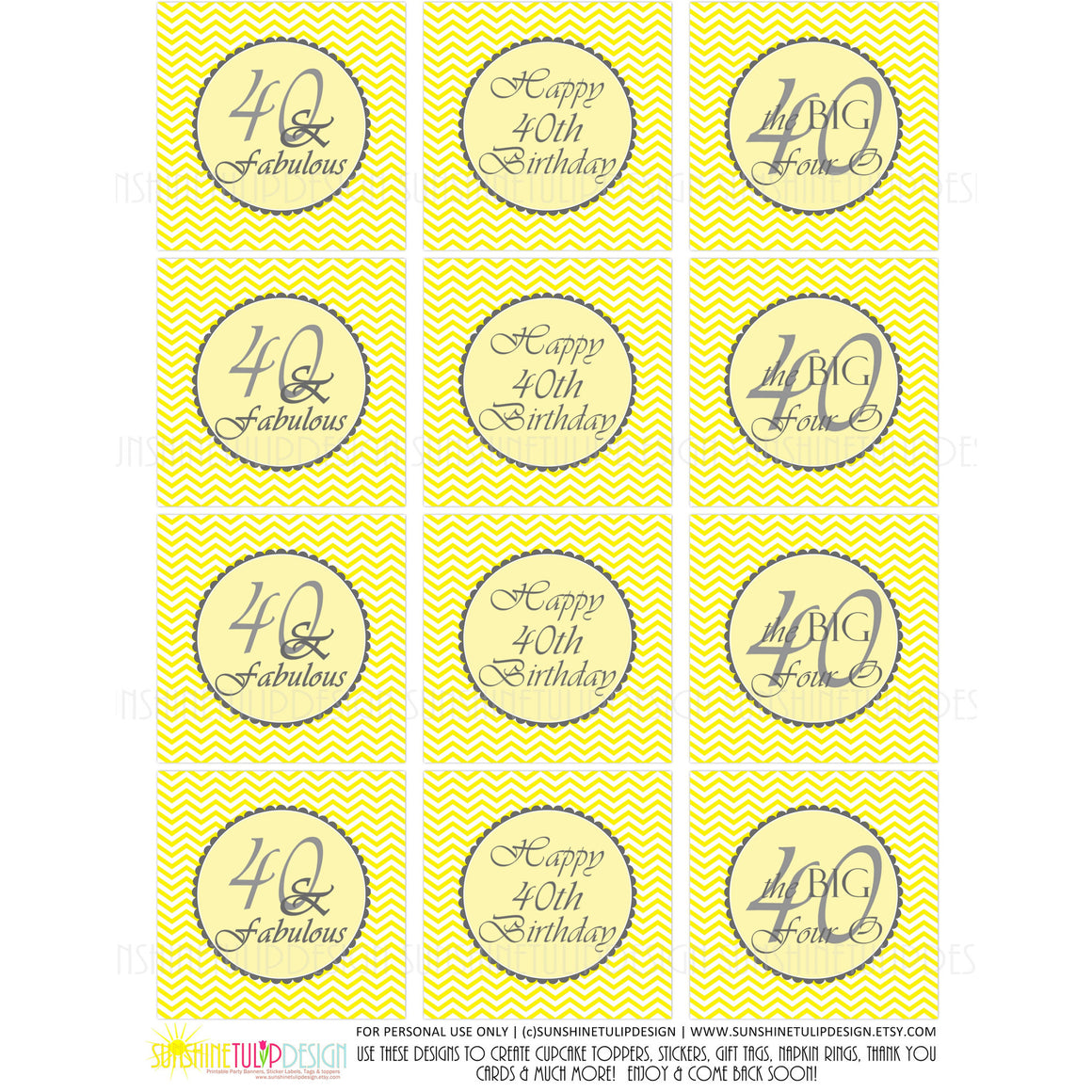 Printable 40 and Fabulous Yellow & Gray Birthday Cupcake Toppers, Sticker Labels & Party Favor Tags - Sunshinetulipdesign