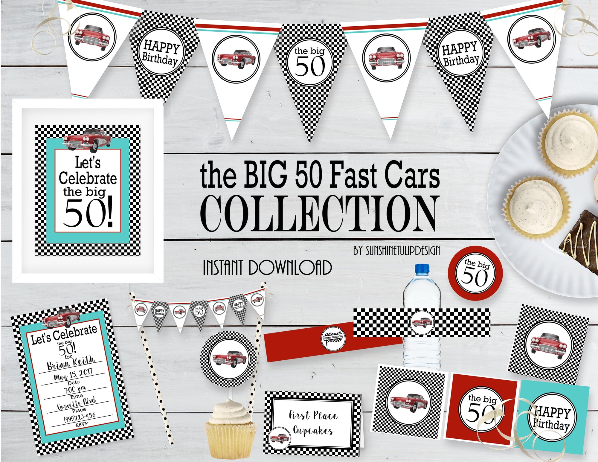Printable 50th Birthday Party Package, 50th Fast Cars Party Decorations by SUNSHINETULIPDESIGN