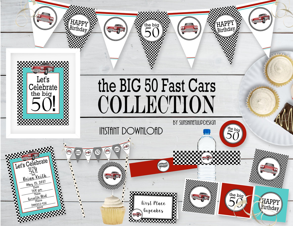 Printable 50th Birthday Party Package, 50th Fast Cars Party Decorations by SUNSHINETULIPDESIGN