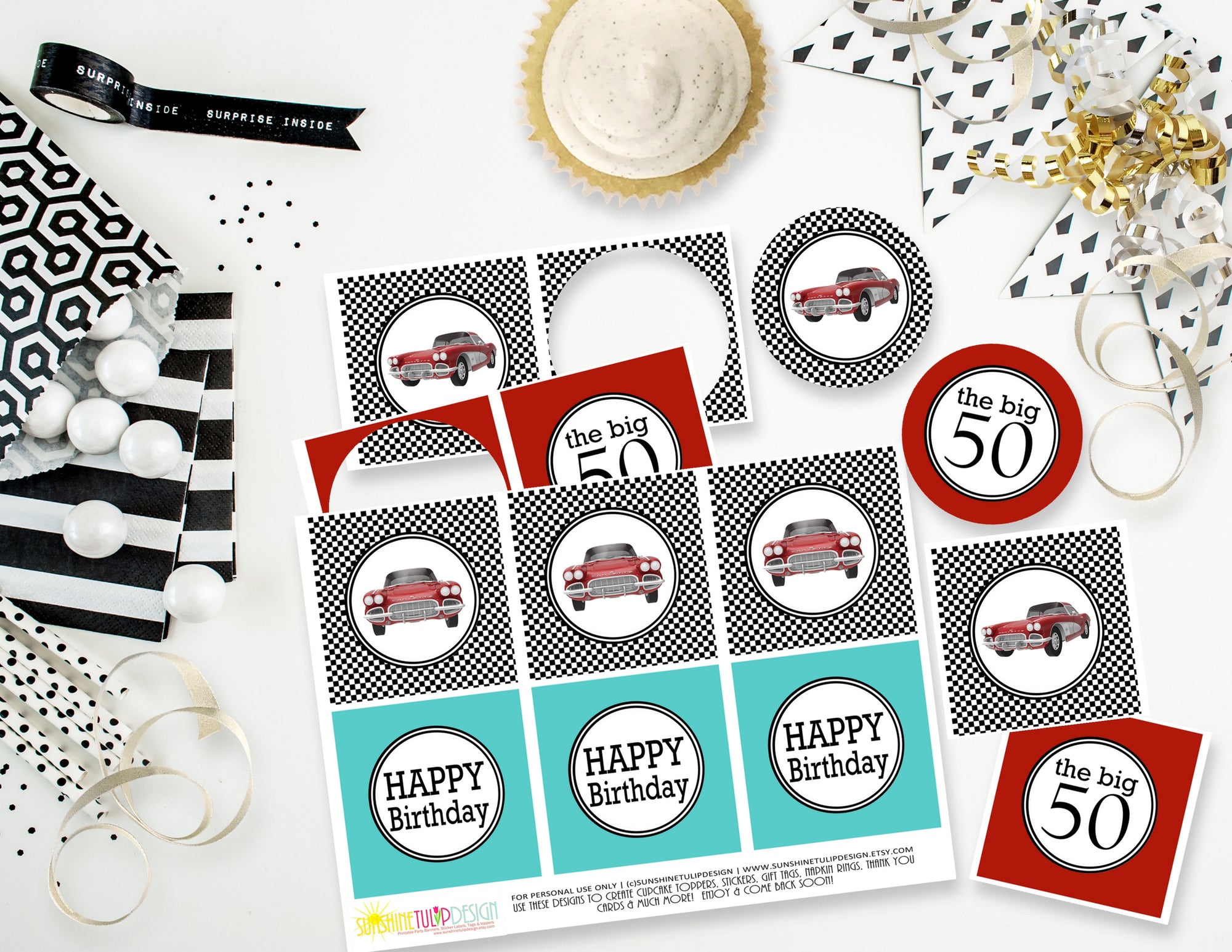Printable 50th Birthday Party Package, 50th Fast Cars Party Decorations by SUNSHINETULIPDESIGN