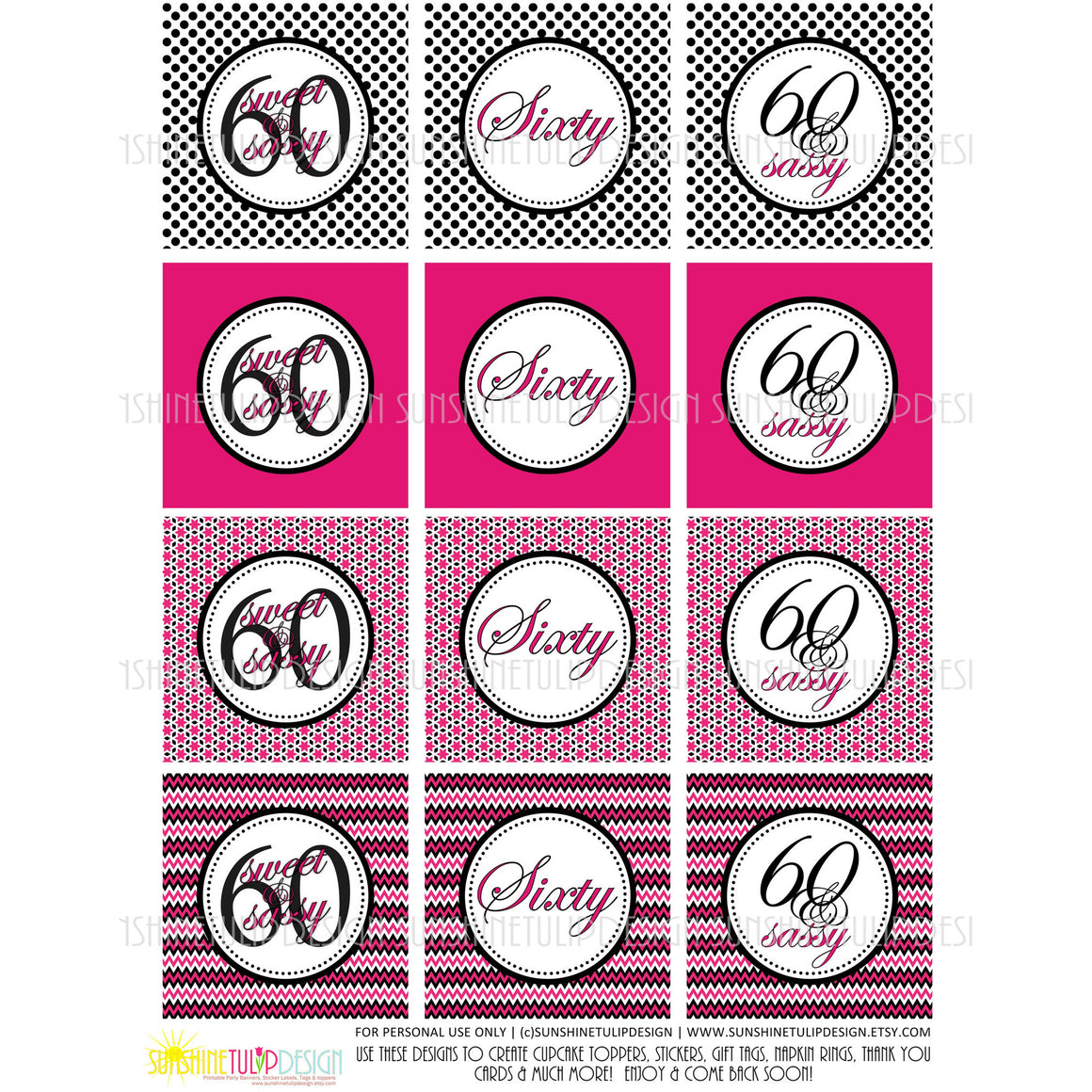 Printable 60th Birthday Cupcake Toppers, Sticker Labels & Party Favor Tags - Sunshinetulipdesign