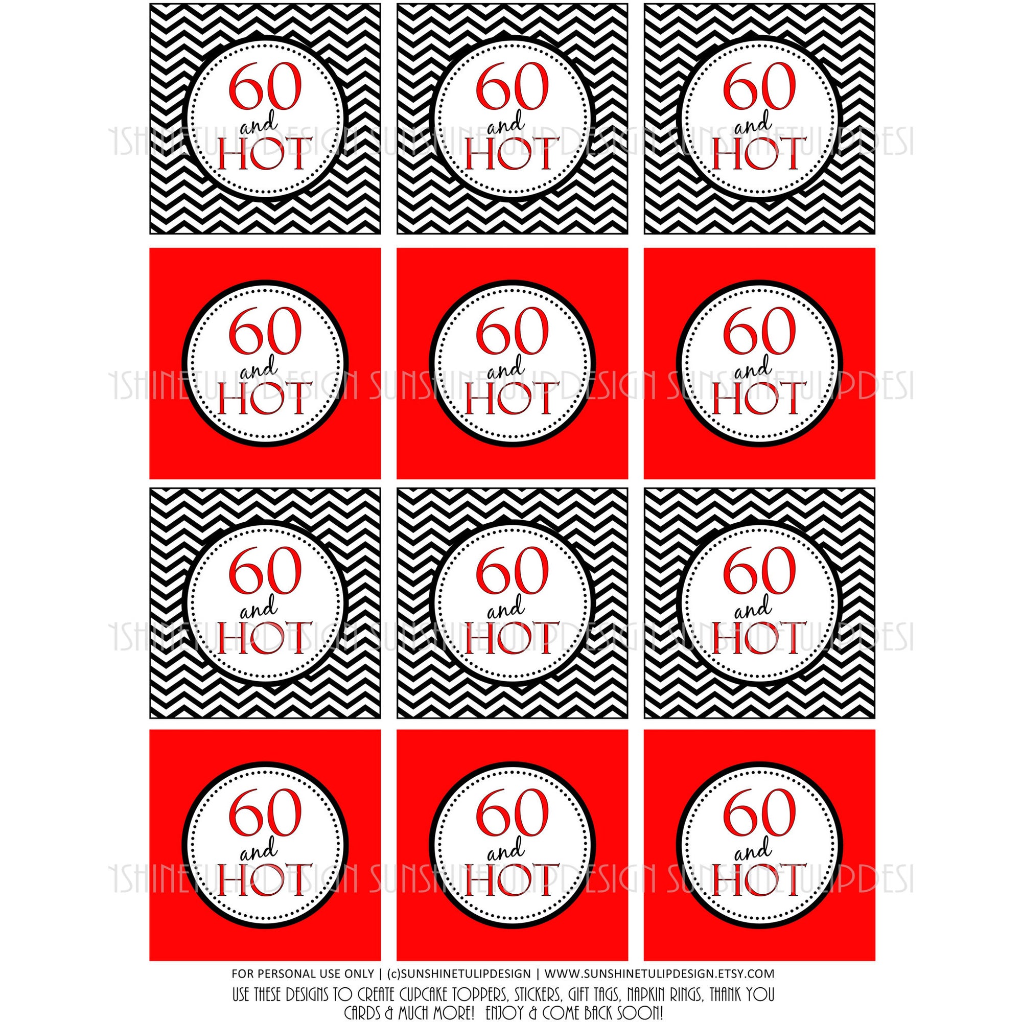 Printable 60th Birthday Cupcake Toppers, Sticker Labels & Party Favor ...