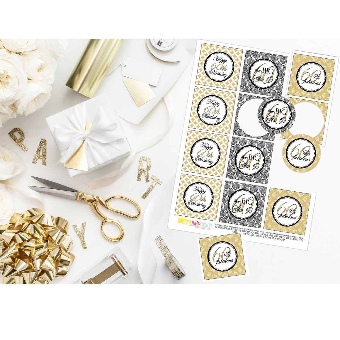 Printable 60th Birthday Gold Cupcake Toppers, Sticker Labels & Party Favor Tags by Sunshinetulipdesign - Sunshinetulipdesign - 1