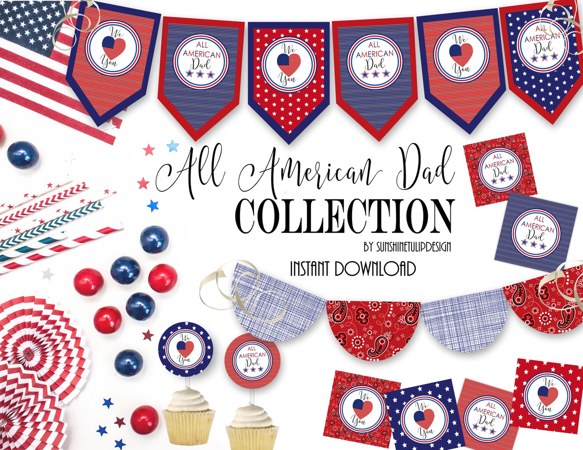 Printable Father's Day Banner Decorations, Printable All American Dad Party Package, Printable Father's Day BBQ Decor  SUNSHINETULIPDESIGN