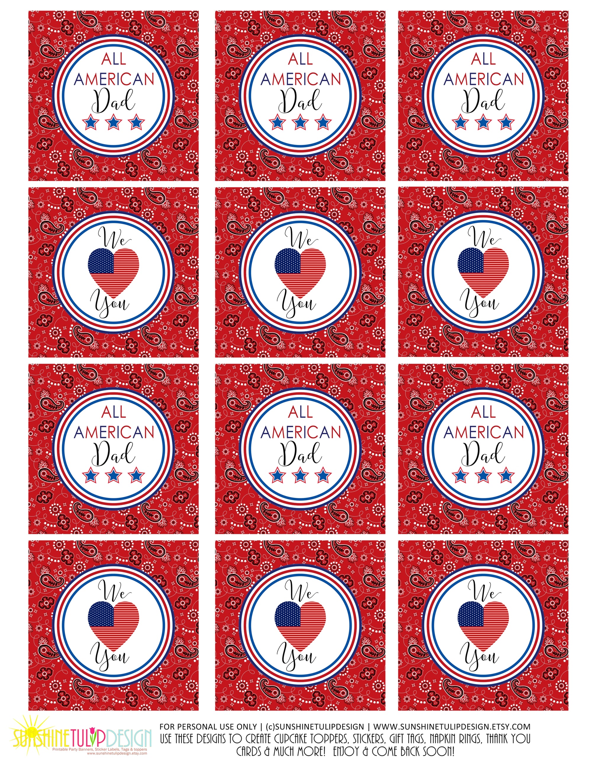 Printable Father's Day Banner Decorations, Printable All American Dad Party Package, Printable Father's Day BBQ Decor  SUNSHINETULIPDESIGN