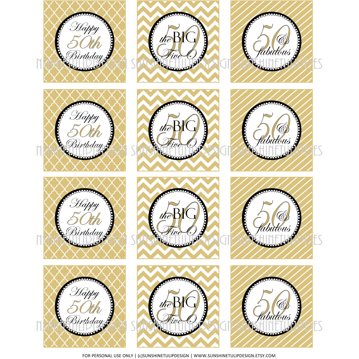 Printable 50th Birthday Cupcake Toppers, Sticker Labels & Party Favor Tags - Sunshinetulipdesign