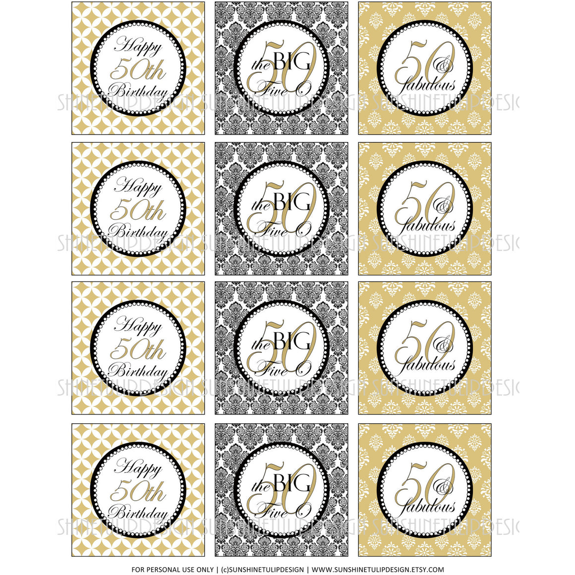 Printable 50th Birthday Gold & Black Cupcake Toppers, Sticker Labels & Party Favor Tags - Sunshinetulipdesign