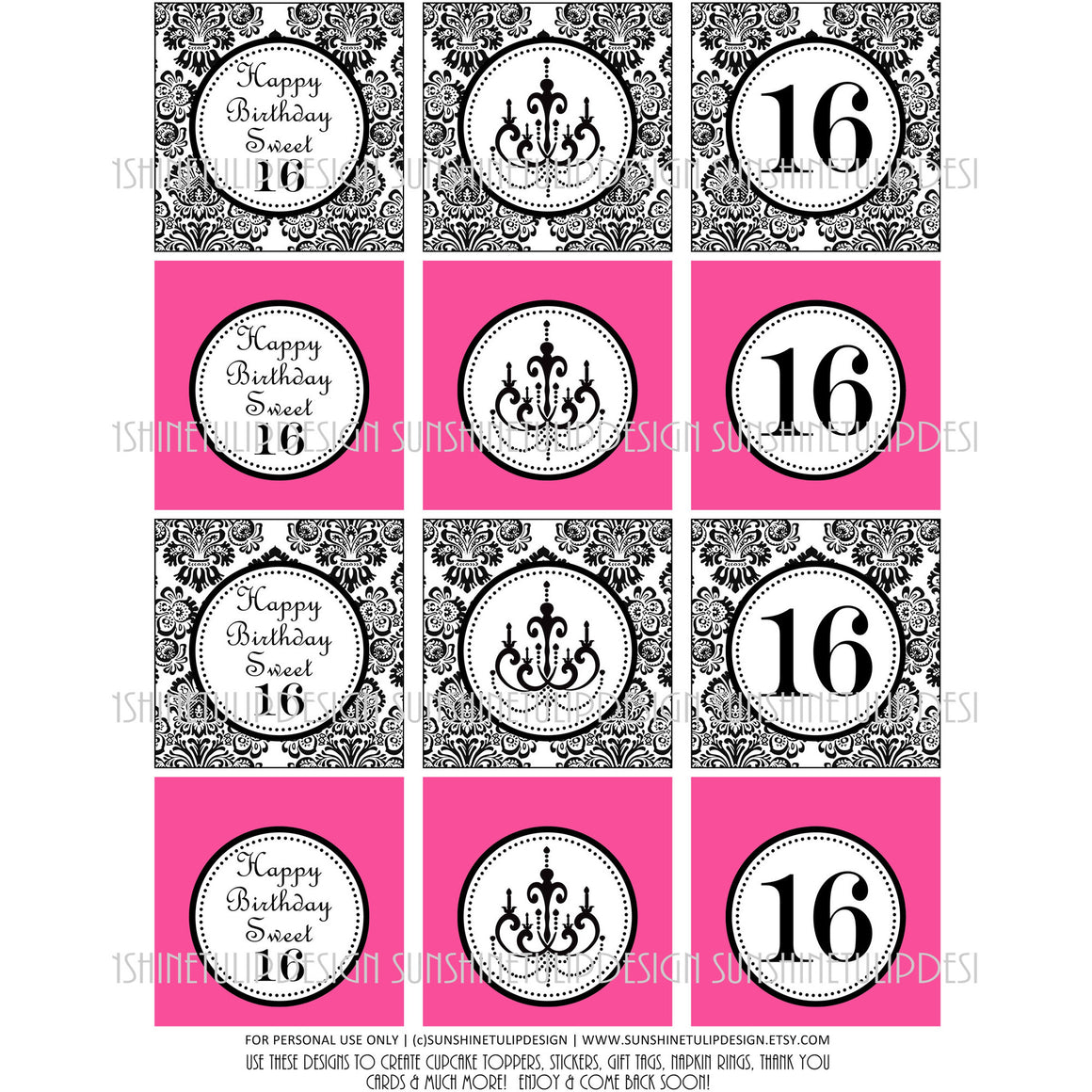 Printable Sweet 16 Birthday Cupcake Toppers, Sticker Labels & Party Favor Tags by SUNSHINETULIPDESIGN - Sunshinetulipdesign - 1