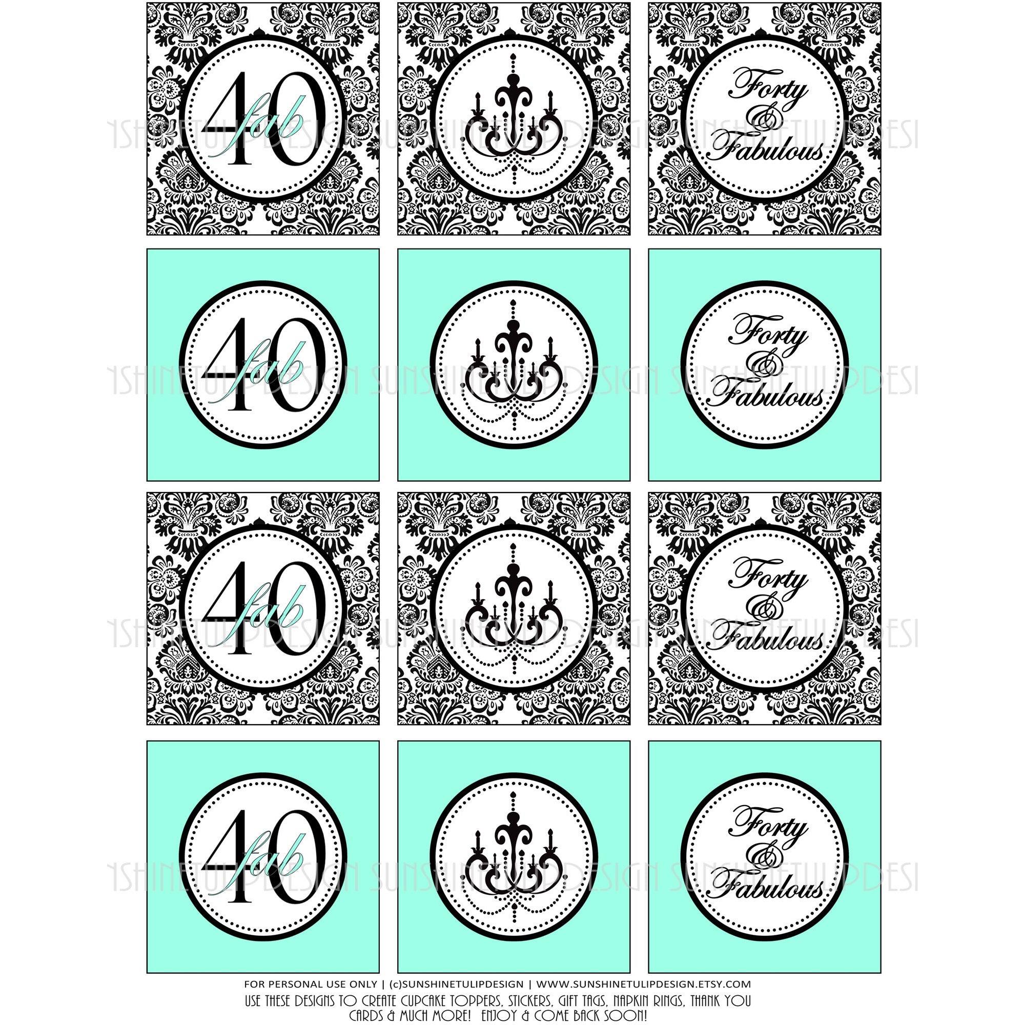 Printable 40th Birthday Cupcake Toppers, Sticker Labels & Party Favor Tags - Sunshinetulipdesign