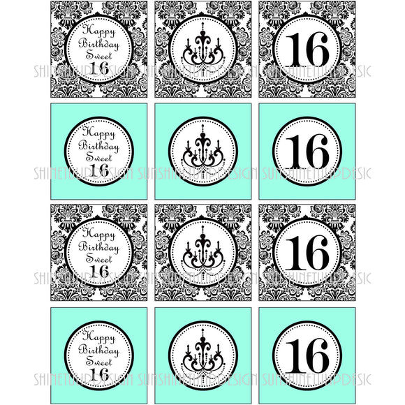 Printable Sweet 16 Birthday Cupcake Toppers, Sticker Labels & Party Favor Tags by SUNSHINETULIPDESIGN - Sunshinetulipdesign