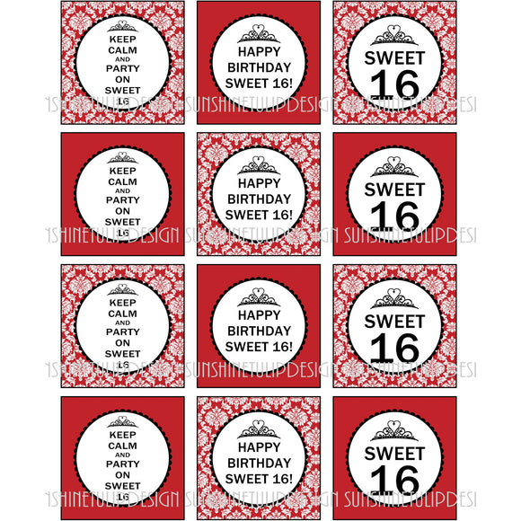 Printable Sweet 16 Birthday Cupcake Toppers, Sticker Labels & Party Favor Tags by SUSHINETULIPDESIGN - Sunshinetulipdesign