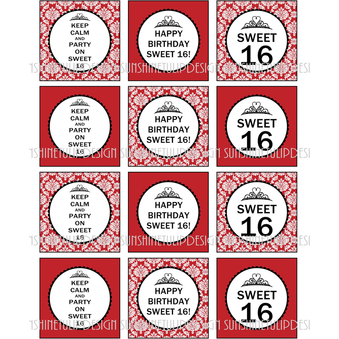 Printable Sweet 16 Birthday Cupcake Toppers, Sticker Labels & Party Favor Tags by SUSHINETULIPDESIGN - Sunshinetulipdesign