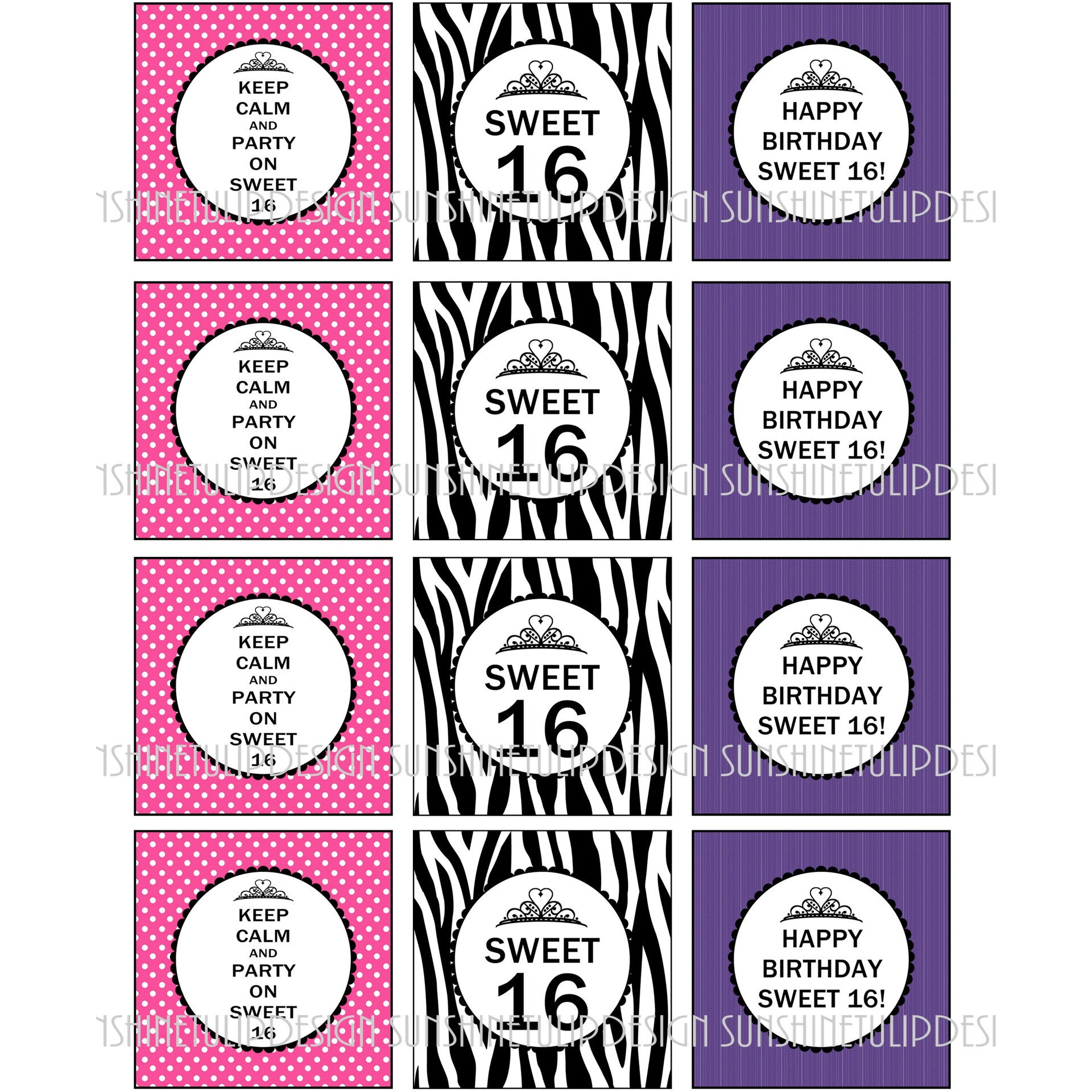Printable Sweet 16 Birthday Cupcake Toppers, Sticker Labels \u0026 Party Favor  Tags by SUNSHINETULIPDESIGN, image size:1920x1920