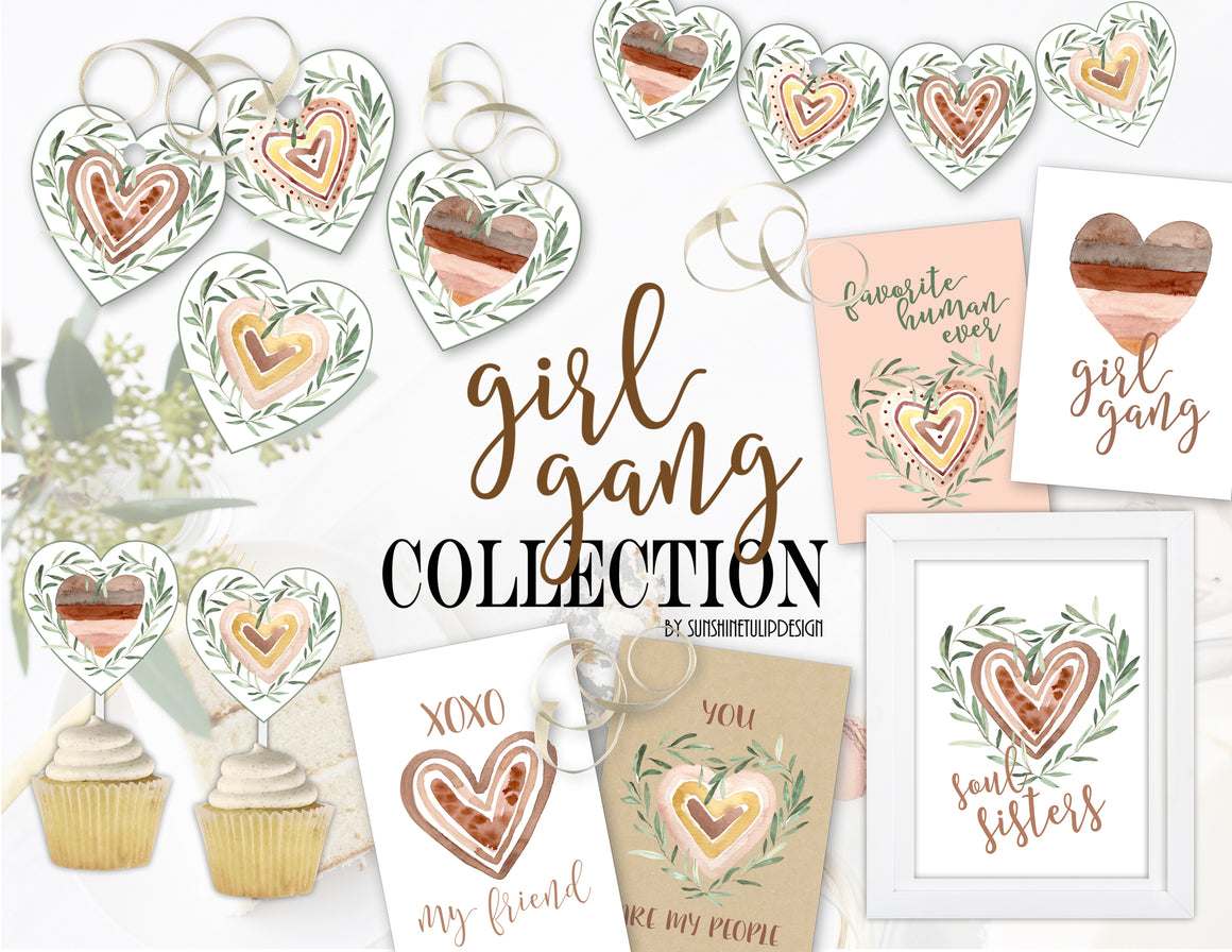 Printable Galentines Collection, Galentines Valentine Cards, Mini Banner, Toppers & Tags by SUNSHINETULIPDESIGN