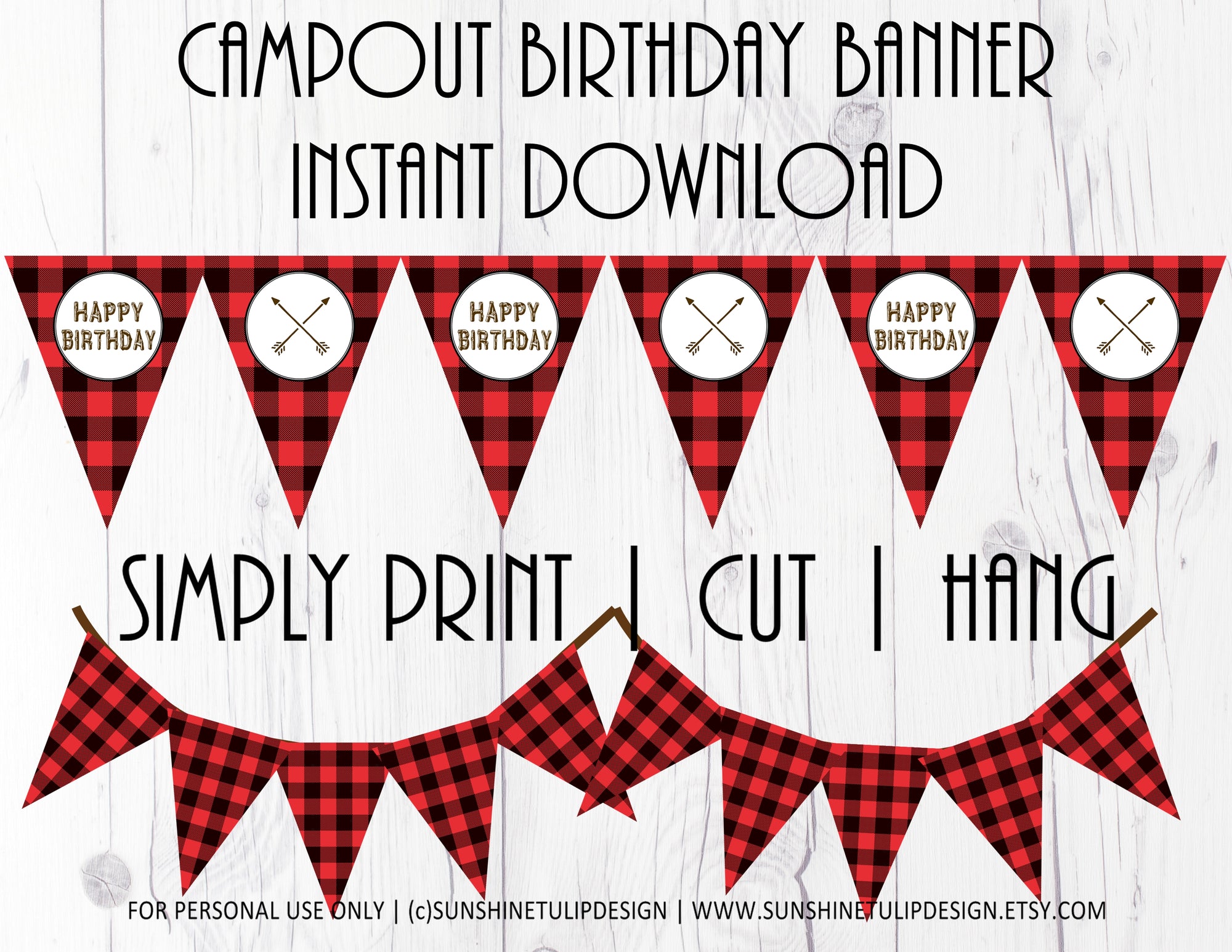 Printable Buffalo Plaid Camping Birthday Party Package, Campout Birthday Party Decorations by SUNSHINETULIPDESIGN