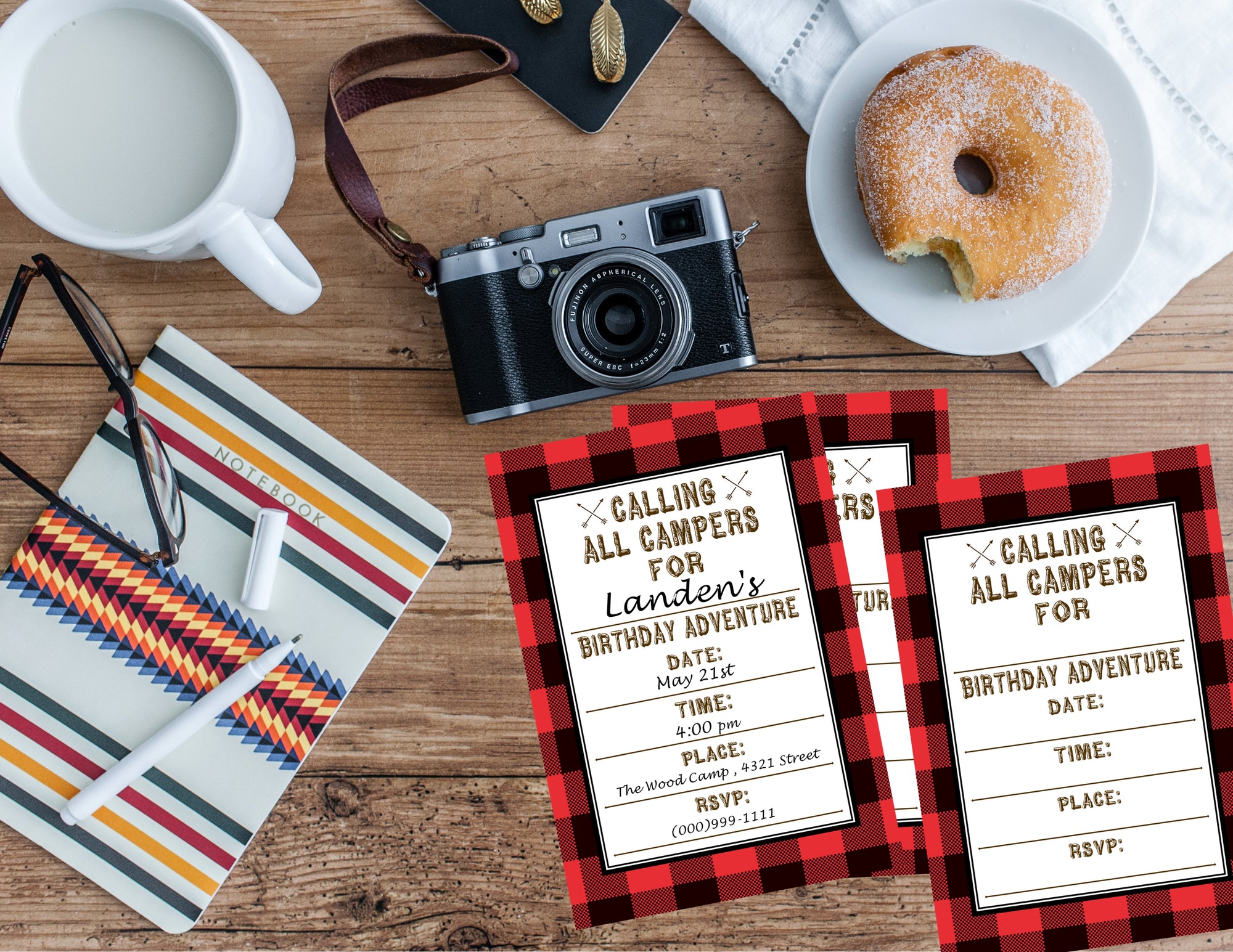Printable Buffalo Plaid Camping Birthday Party Package, Campout Birthday Party Decorations by SUNSHINETULIPDESIGN