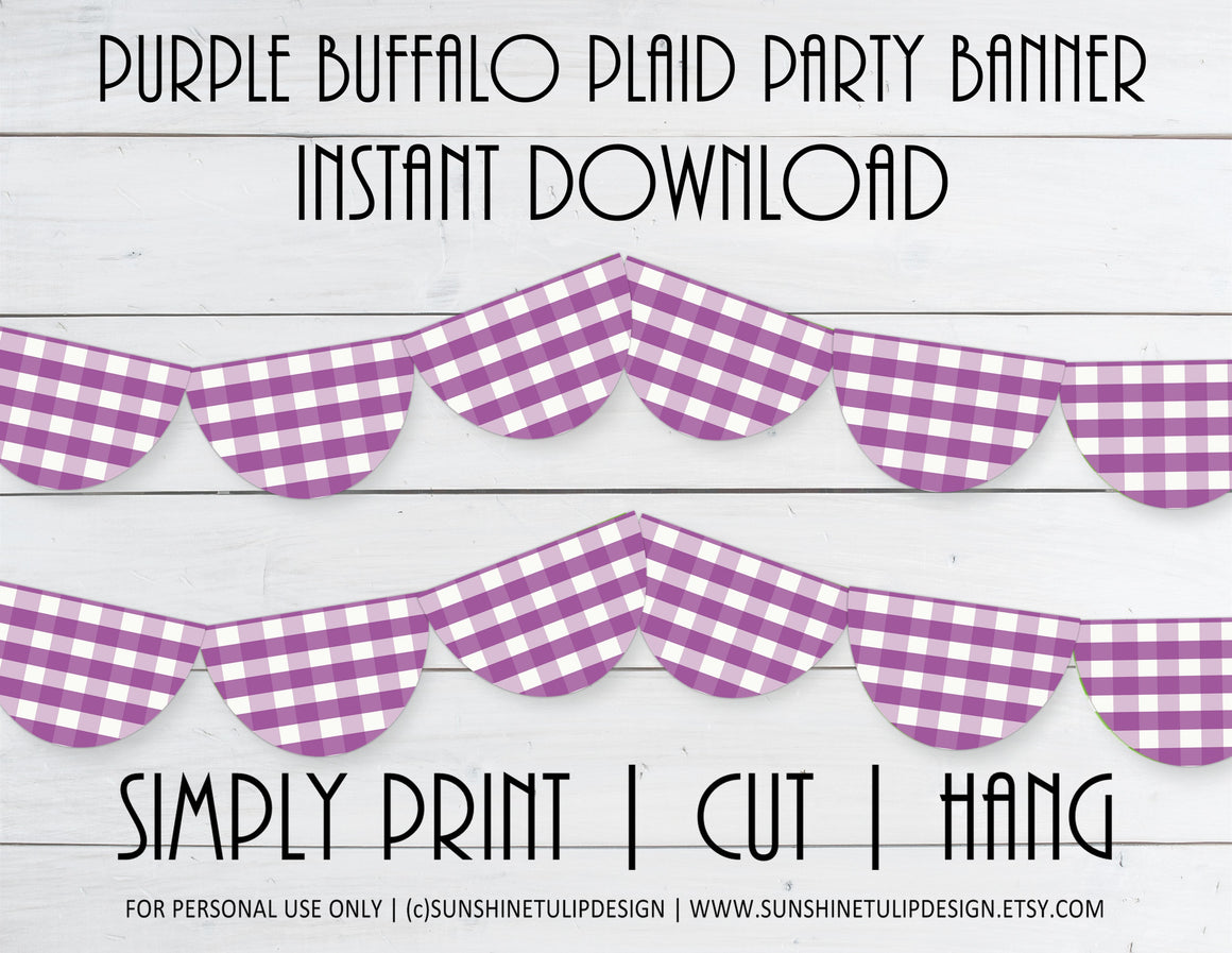 Printable Buffalo Plaid Purple Party Banner, Buffalo Check Birthday Banner by SUNSHINETULIPDESIGN