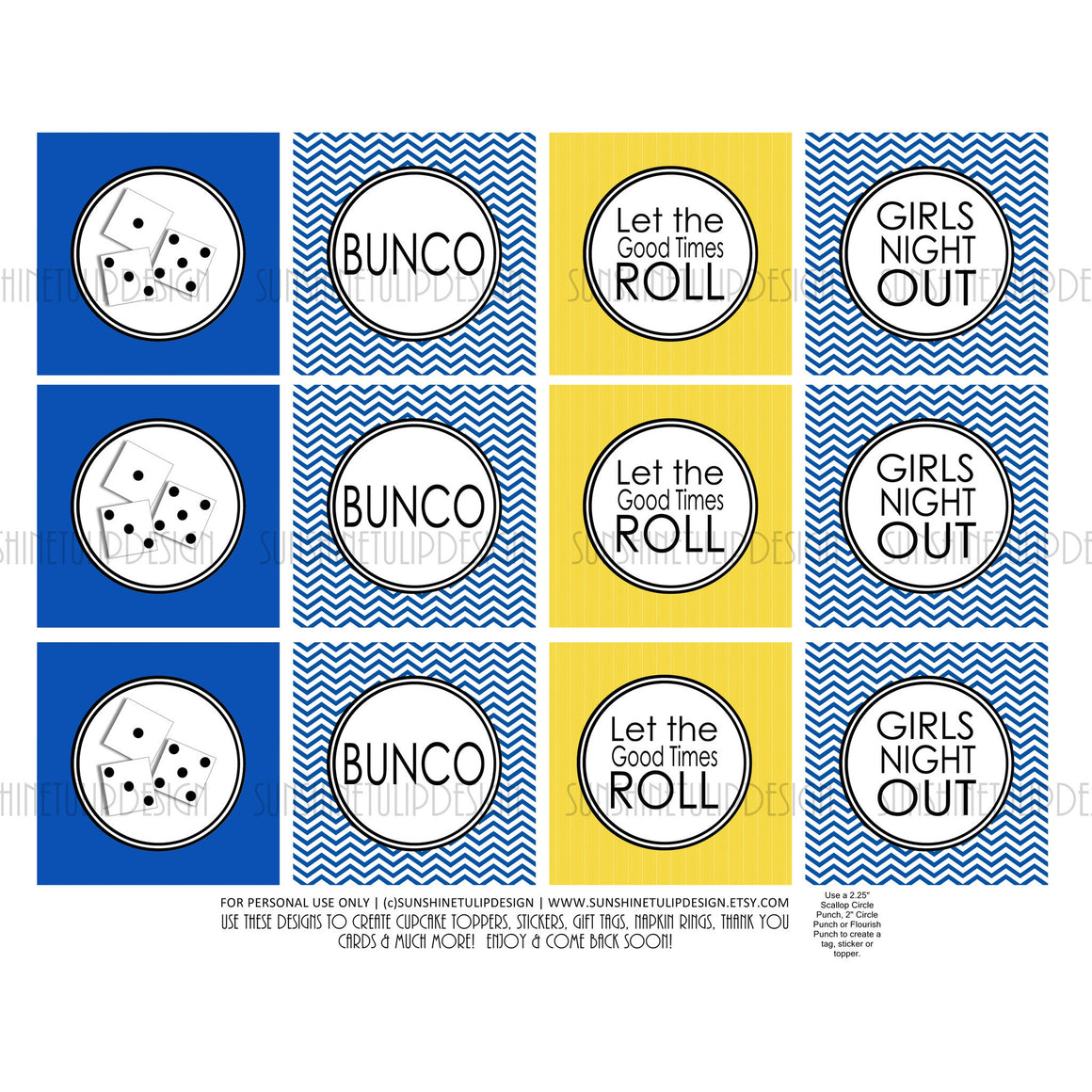 Printable Bunco Cupcake Toppers, Sticker Labels & Party Favor Tags Royal Blue & Yellow by SUNSHINETULIPDESIGN - Sunshinetulipdesign