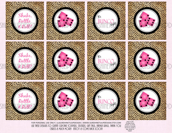 Printable Bunco Cupcake Toppers, Sticker Labels & Party Favor Tags Cheetah & Hot Pink by SUNSHINETULIPDESIGN - Sunshinetulipdesign