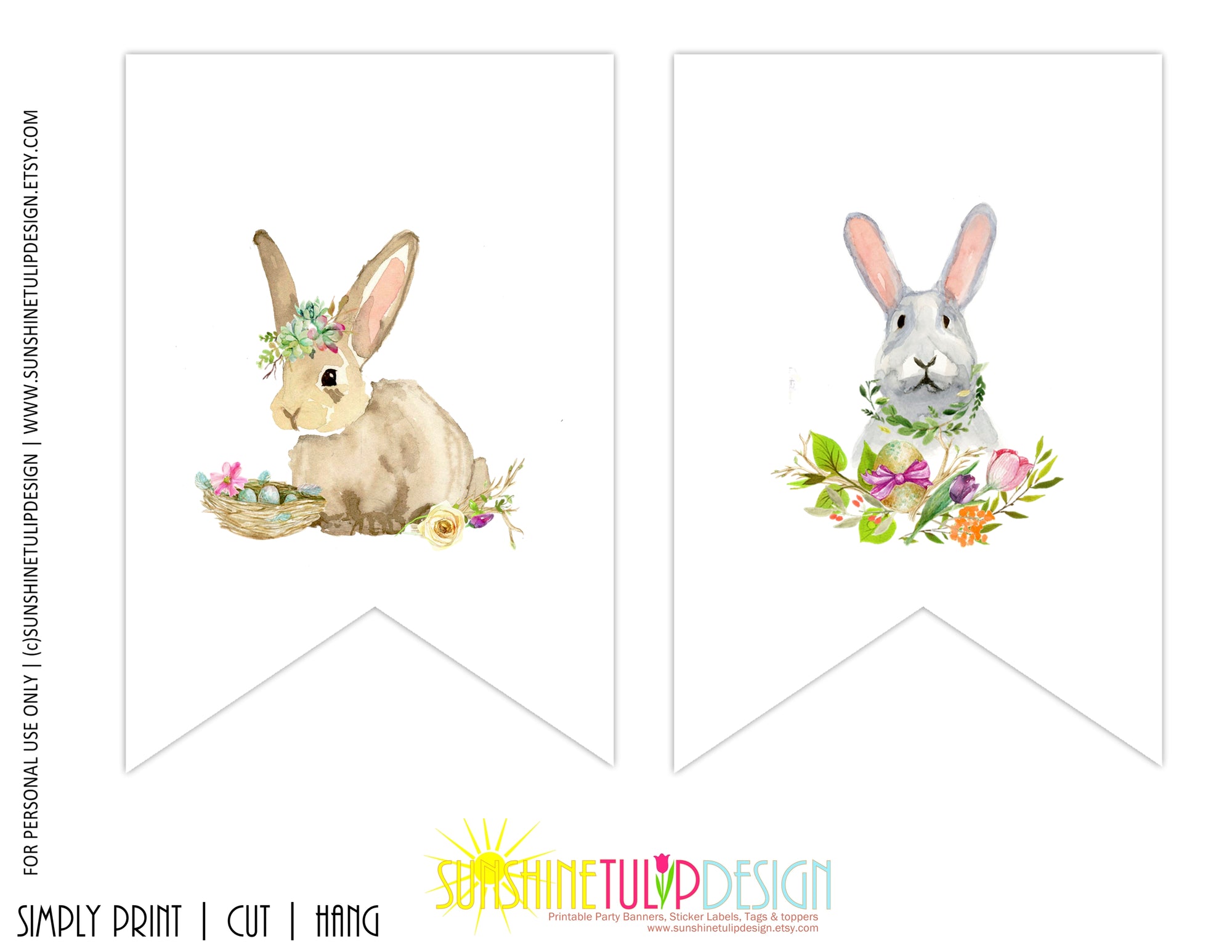 Printable Spring party banner, Printable Bunny and Floral Banner, Printable Easter Banner by SUNSHINETULIPDESIGN