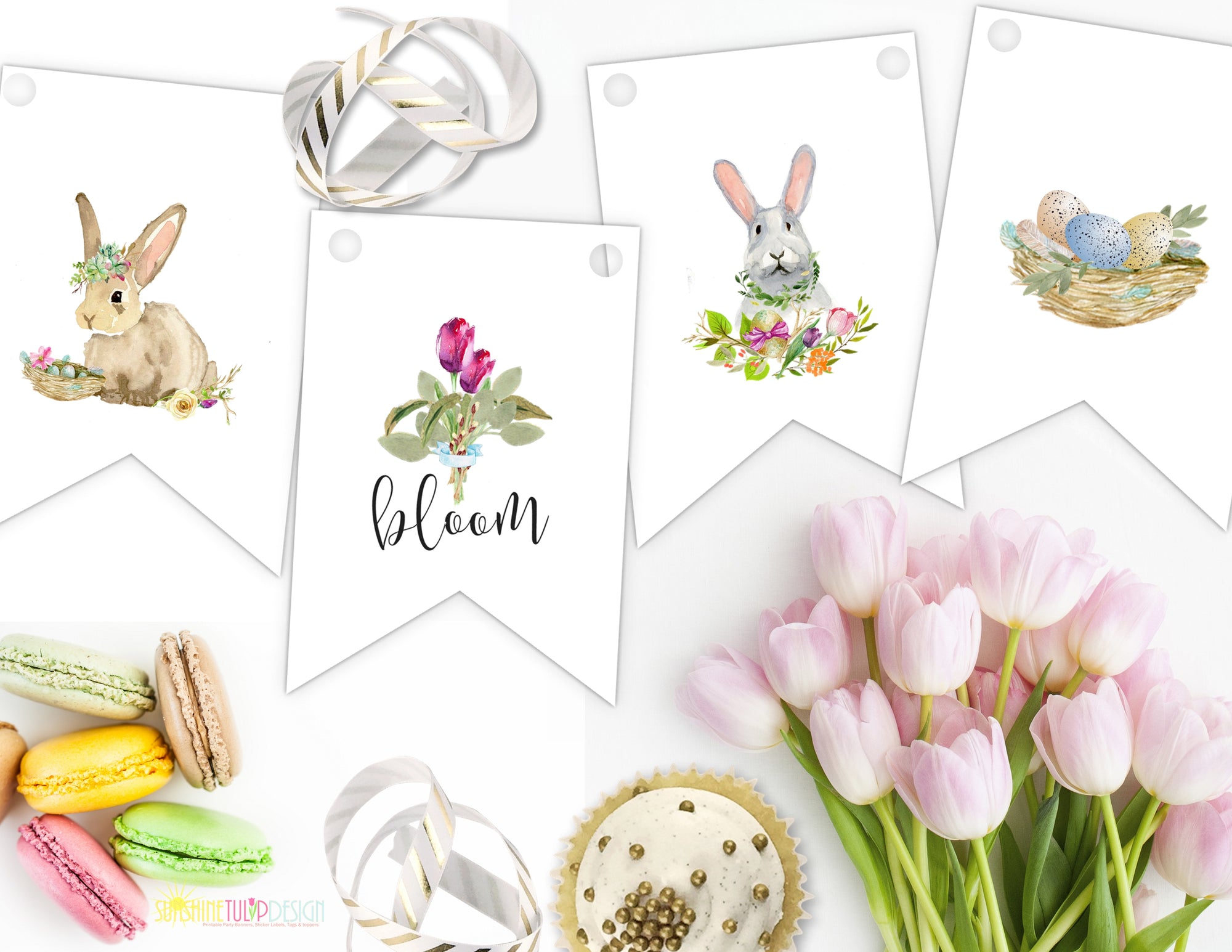 Printable Spring party banner, Printable Bunny and Floral Banner, Prin ...