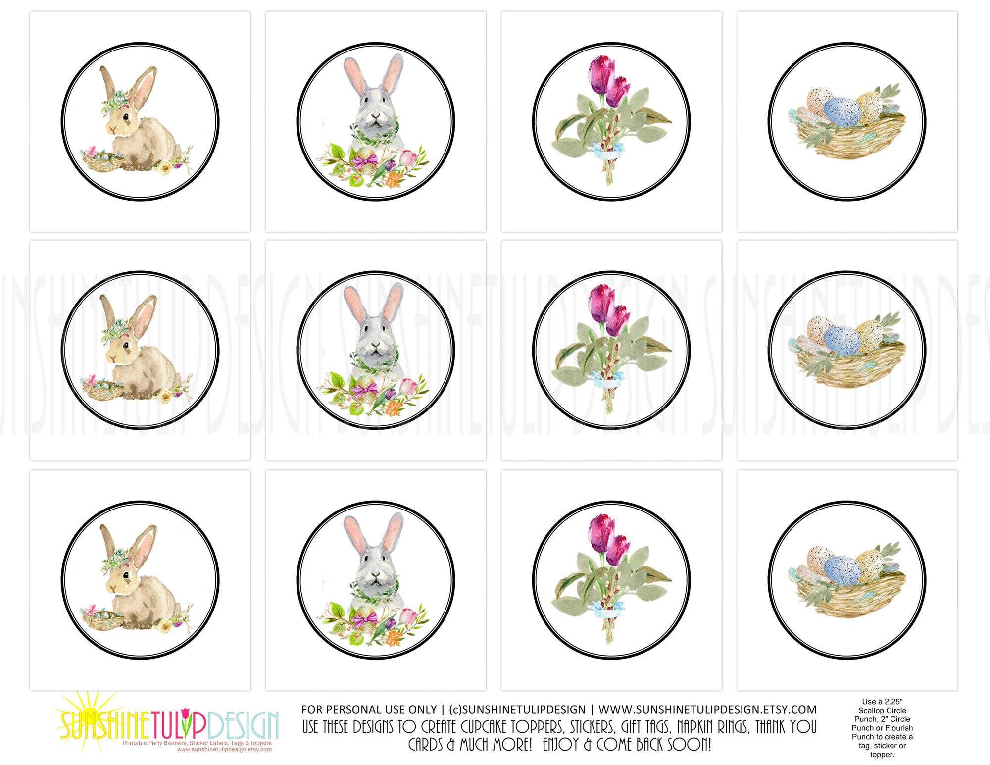 Printable Bunny and Florals Cupcake Toppers by SUNSHINETULIPDESIGN