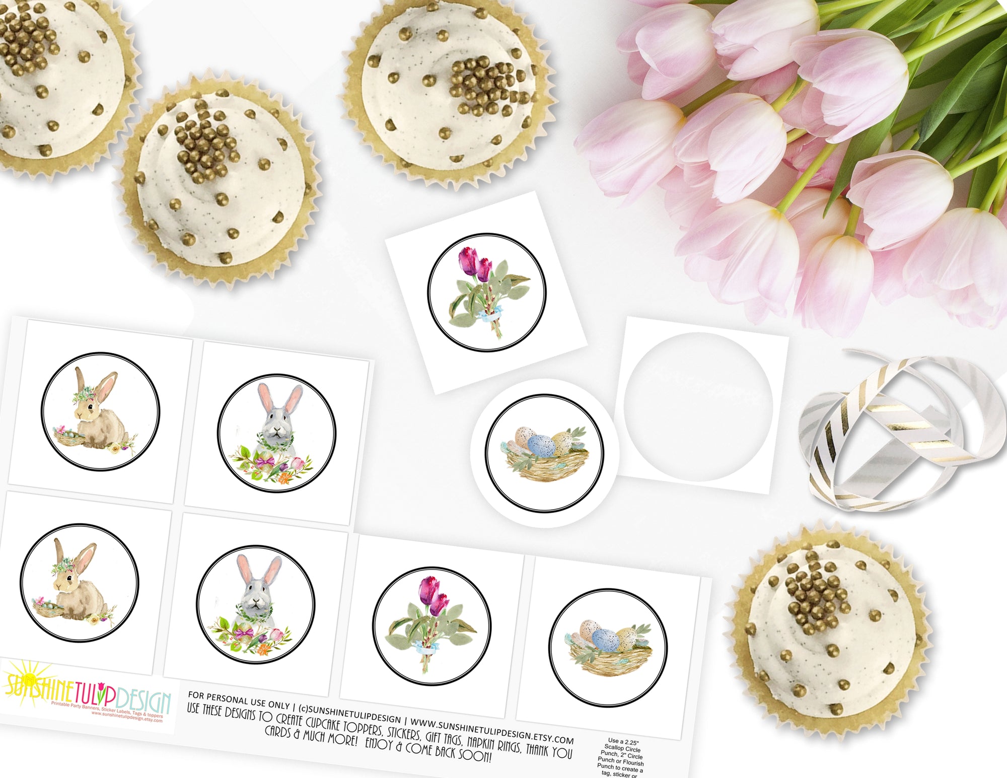 Printable Bunny and Florals Cupcake Toppers by SUNSHINETULIPDESIGN