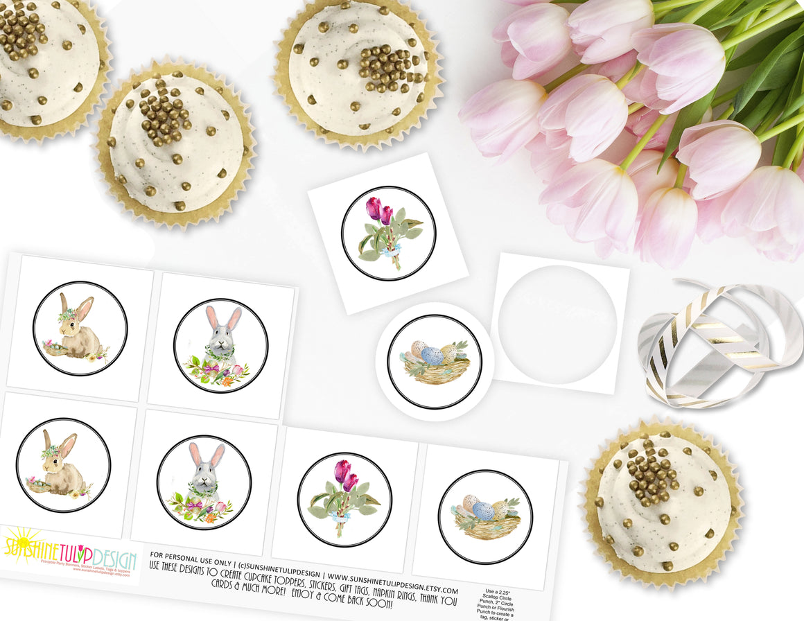 Printable Bunny and Florals Cupcake Toppers by SUNSHINETULIPDESIGN