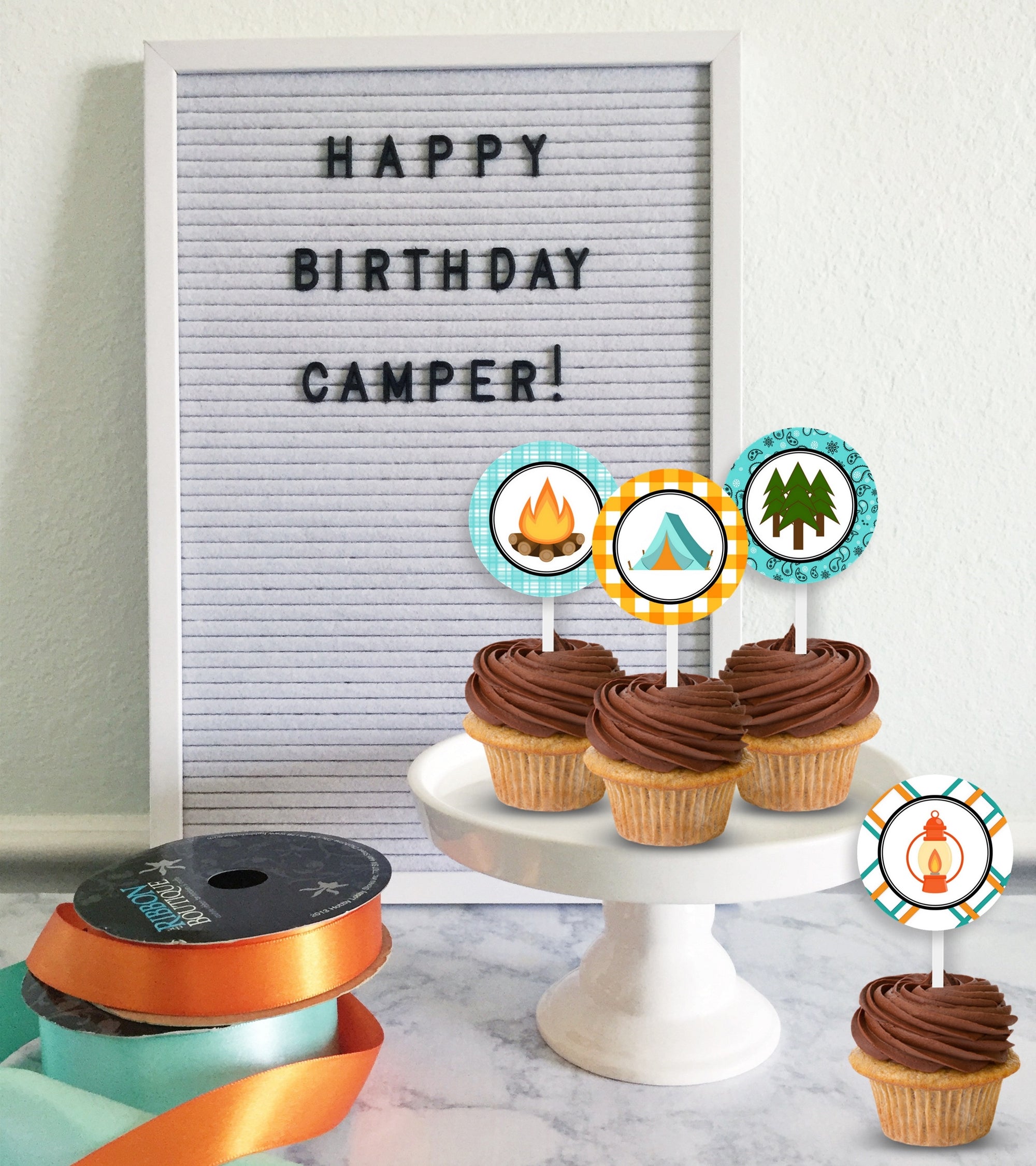 Printable Camping Birthday Cupcake Toppers and Tags