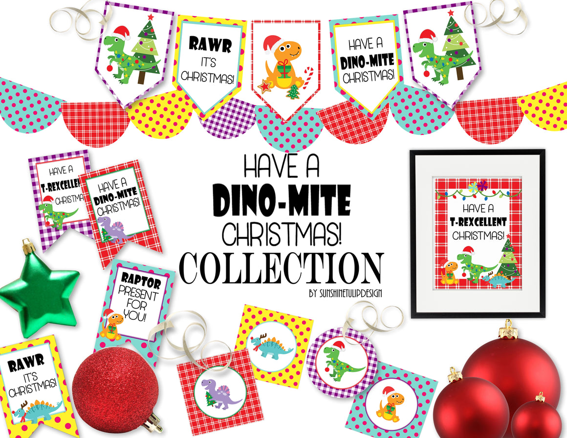 Printable Dinomite Christmas Collection, Printable Dinosaur Christmas Party Package,
