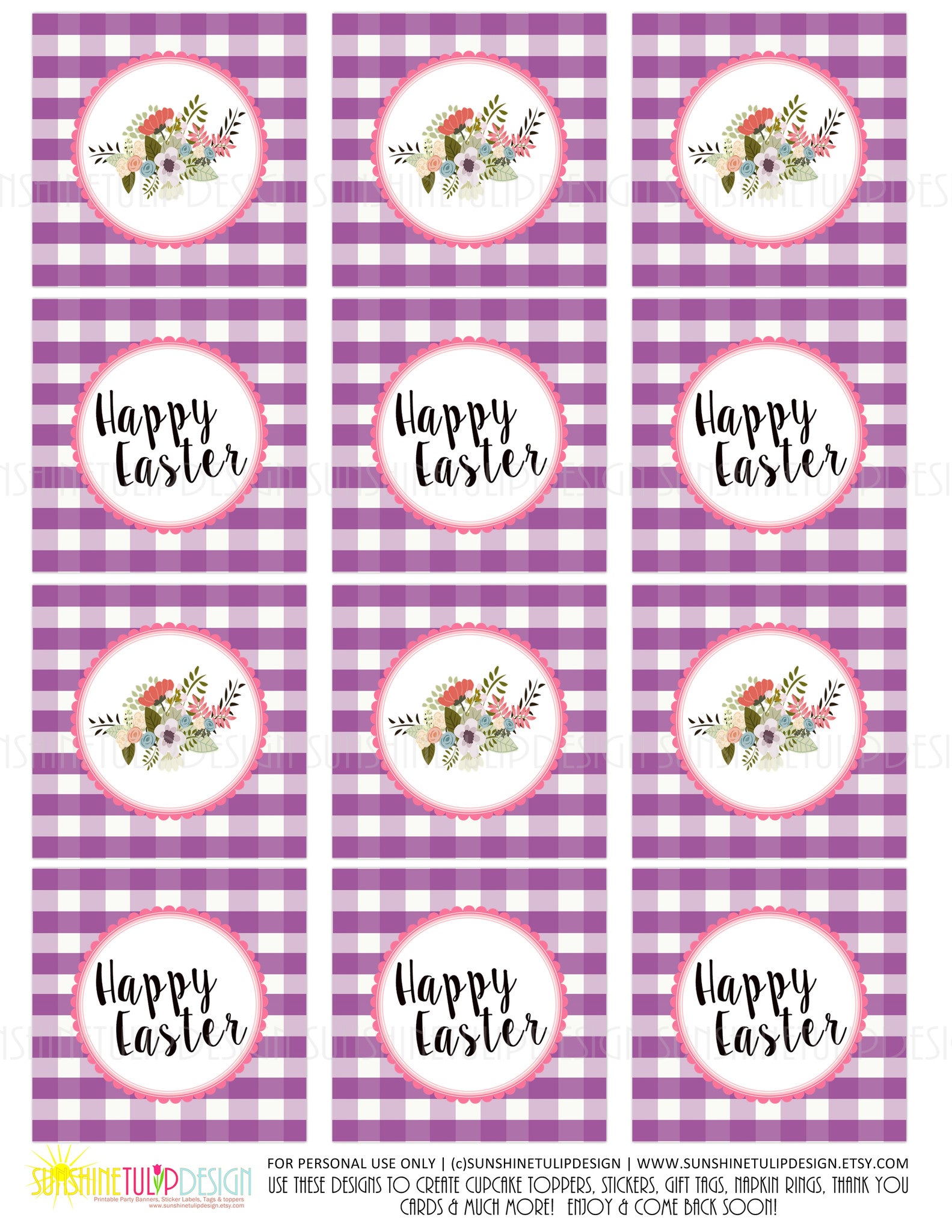 Printable Buffalo Plaid Easter Cupcake Toppers, by SUNSHINETULIPDESIGN