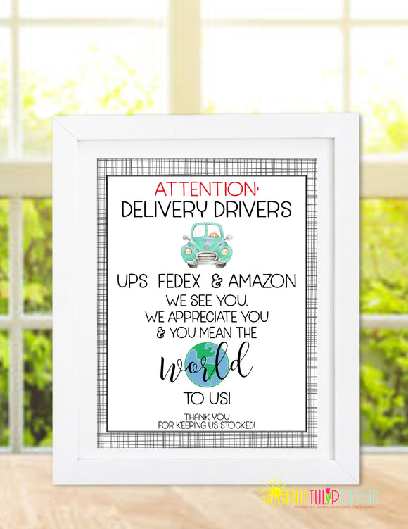 Printable Sign for Essential Workers, Delivery Drivers, FedEx, UPS and Amazon Drivers by Sunshinetulipdesign
