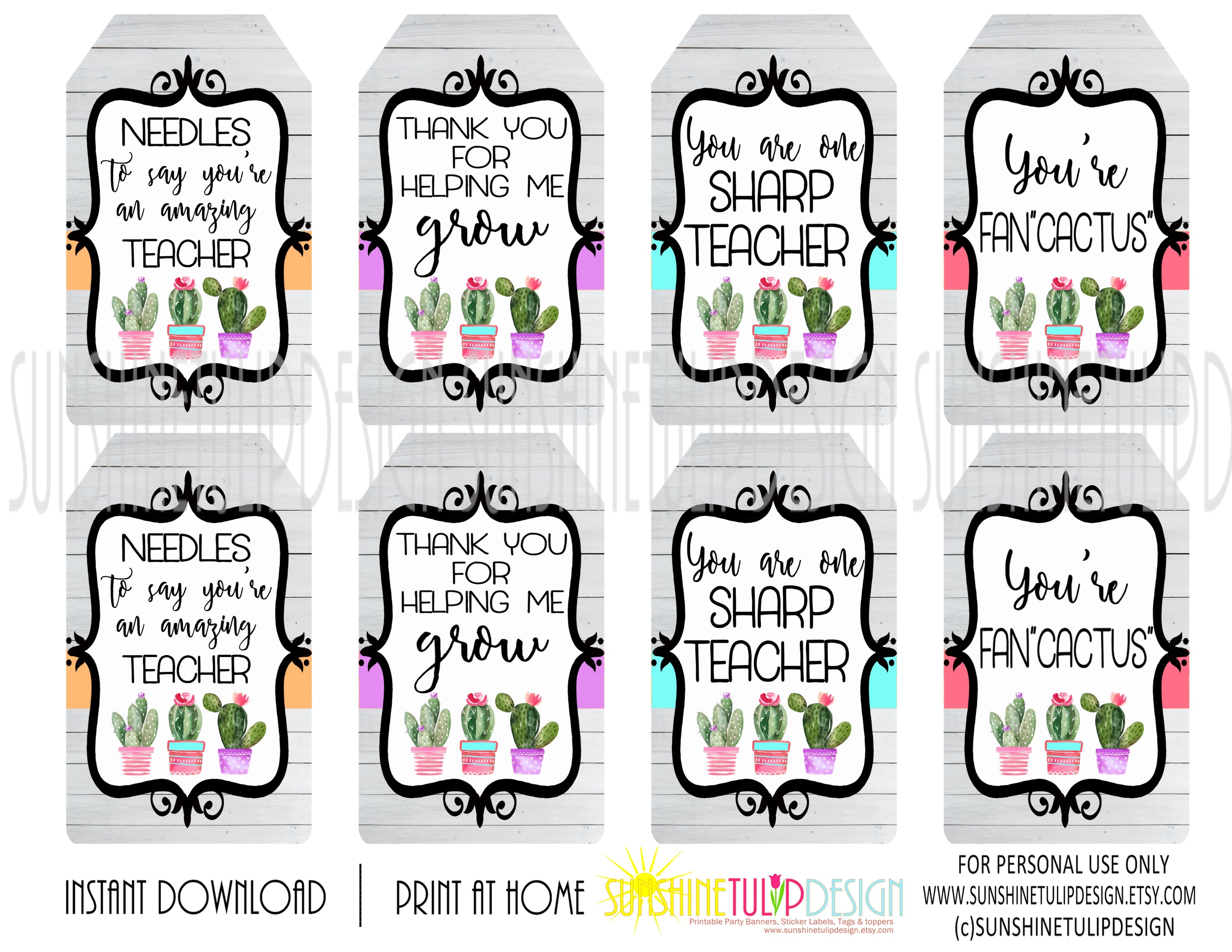 Printable Cactus Gift Tags, Printable Teacher Appreciation Gift Tags, You  Are FanCACTUS Gift Tags by SUNSHINETULIPDESIGN, image size:3300x2550