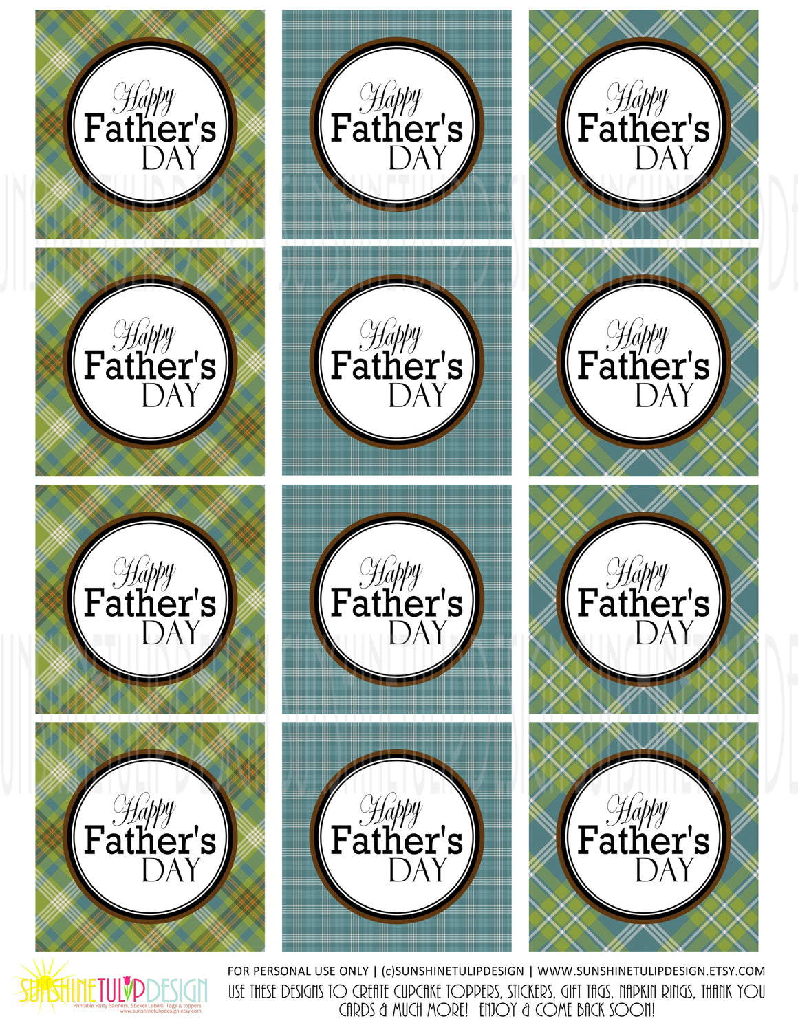 Printable Fathers Day Gift Tags, Printable Plaid Happy Father's Day Cupcake Toppers by SUNSHINETULIPDESIGN