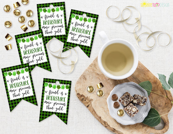 Printable St Patrick's Day Gift Tags, Friends are a Treasure Tag, Green & Black Buffalo Plaid Gift Tags by SUNSHINETULIPDESIGN
