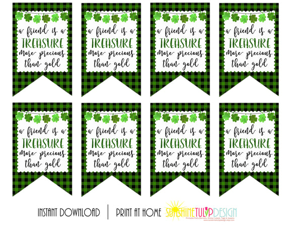 Printable St Patrick's Day Gift Tags, Friends are a Treasure Tag, Green & Black Buffalo Plaid Gift Tags by SUNSHINETULIPDESIGN