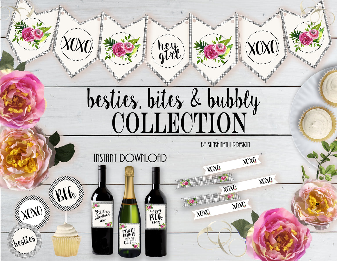 Printable Besties, Bites & Bubbly Galentines Collection, Printable Valentines Decorations, Printable Galentines Party by SUNSHINETULIPDESIGN