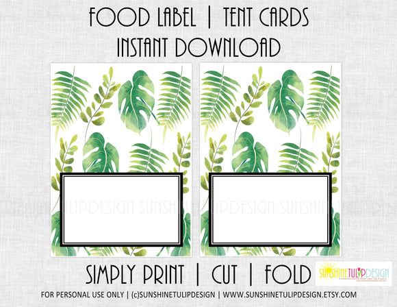 Printable Greenery Food Label Tent Cards, Green and White All Occasion cards by SUNSHINETULIPDESIGN