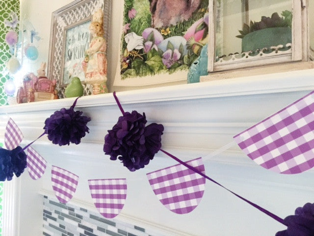 Printable Buffalo Plaid Purple Party Banner, Buffalo Check Birthday Banner by SUNSHINETULIPDESIGN