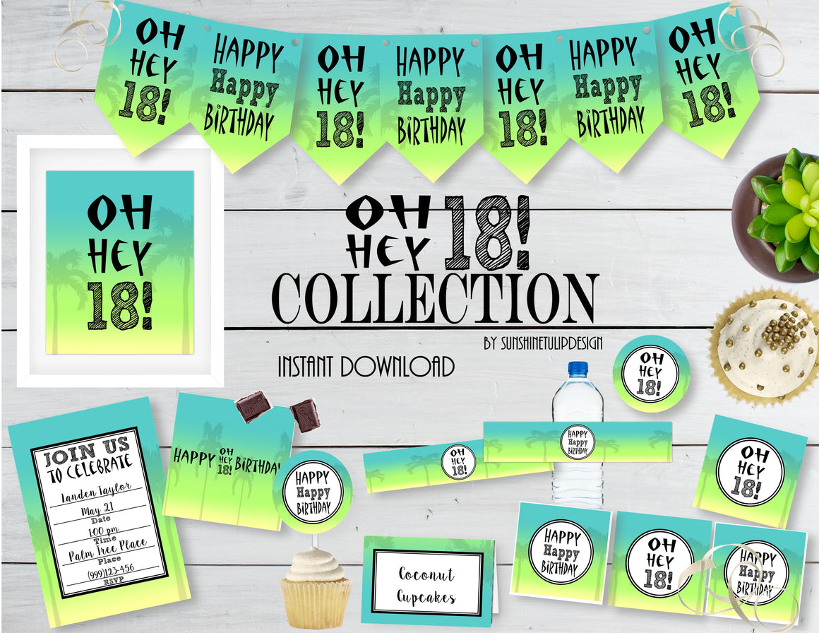 Printable 18th Birthday Party Collection, Printable Ombre Party Decorations by SUNSHINETULIPDESIGN